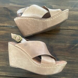 Women's Tan Leather Wedge Sandals - Slip-On Slingback